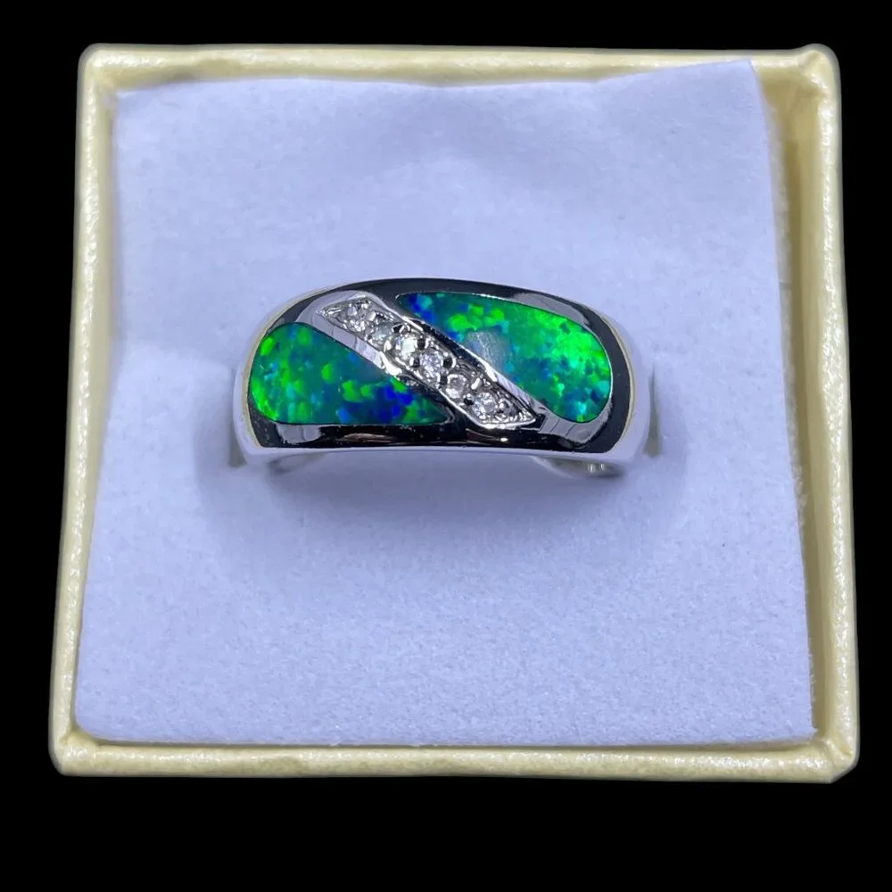 Lia Sophia Blue Green Inlay Ring Silver Tone Crystal Accent Modern Statement Chi